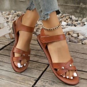 Women Cross <b>Strap</b> <b>Flat</b> Sandals Hook & Loop <b>Ankle</b> <b>Strap</b> Open Toe Rivet Decor Summer Casual Ladies <b>Shoes</b> - Product Image 3
