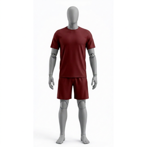 Men's Maroon Crew Neck Short Sleeve Solid Color <b>Polyester</b> <b>T</b>-<b>Shirt</b> Regular Fit Breathable Summer Athletic Wear Shorts Set - Product Image 1