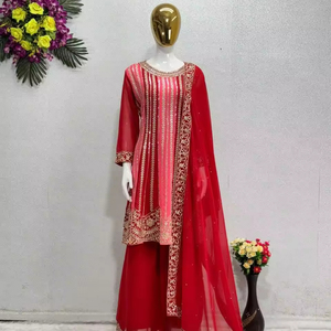 Hermoso diseñador rojo indio 3-PC Readymade Salwar Kameez bordado terciopelo Kurta Palazzo Dupatta impreso decoración fiestas - Product Image 1