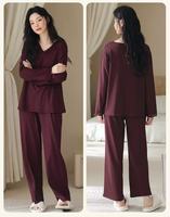Ensemble de pyjama pour femmes en coton 100% fabriqué en Chine, col en V, manches longues, pantalon, vêtements de nuit, taille élastique, confortable pour dormir
