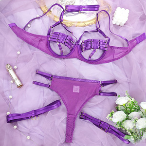Wholesale Purple Hollow Mesh 4Pcs Lingerie <b>Set</b> Metal Ring Underwire Bra Choker Thigh Straps Thong Women <b>Sexy</b> Intimate Underwear - Product Image 6