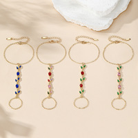 SA Bracelet de main et de poignet en cristal coloré, style grappe, avec anneau de doigt et feuille florale, doré, pour femme, bijoux de mariée et de fête
