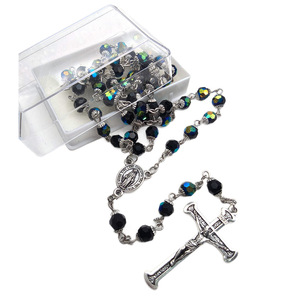 Collier chapelet en cristal bleu saphir, bleu lac, bleu ciel, avec pendentif croix perlée, bijoux religieux unisexe, chaîne en argent 925 - Product Image 5