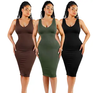 2024 nueva venta al por mayor sin costuras cuello en V profundo Midi Shapewear vestido para mujeres elegante estilo Casual con almohadillas extraíbles verano otoño