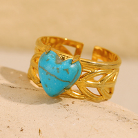 Dreamshow Bague cœur en pierre turquoise Plaqué or 18K Bague de fiançailles en acier inoxydable