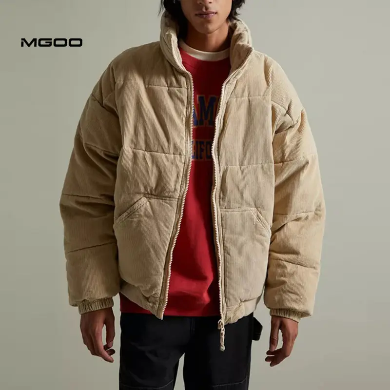 MGOO Customized corduroy puffer jacket Khaki men winter zipper-up coat