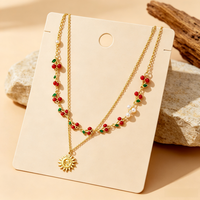 Collier Cœur Cerise Double Chaîne en Acier Inoxydable Plaqué Or 18K de Haute Qualité avec Diamants, Style Européen et Américain, Idéal pour un Cadeau