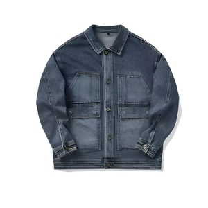 Veste de travail en jean délavé vintage personnalisée, vente en gros, poches à rabat avec patchs, fermetures à boutons, col pointu, OEM USA, usine en gros - Product Image 1