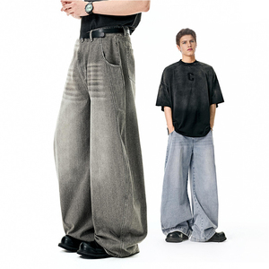 Pantalones casuales de mezclilla lavada para hombre, corte recto, estilo americano, silueta oversize, con diseño de cuchilla curva, Colección Primavera Verano 2026 - Product Image 1