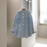 Chemisier vintage pour femme coupe classique, chemise en jean délavé à motif 3D à séchage rapide pour les saisons printemps, été et automne