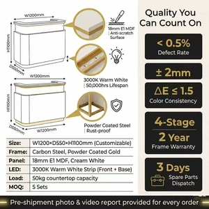 Bureau <span class=keywords><strong>d</strong></span>'<span class=keywords><strong>accueil</strong></span> de luxe avec éclairage LED OEM |   Fabricant en gros de comptoirs de salon personnalisés en or crème brillant - Product Image 4