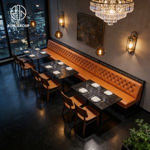 Muebles Modernos para Restaurantes de Hotel, Mesa de Mármol Negro con Silla de Madera, Asientos de Banqueta Tapizados en Cuero Naranja para Cafetería - Product Image 1