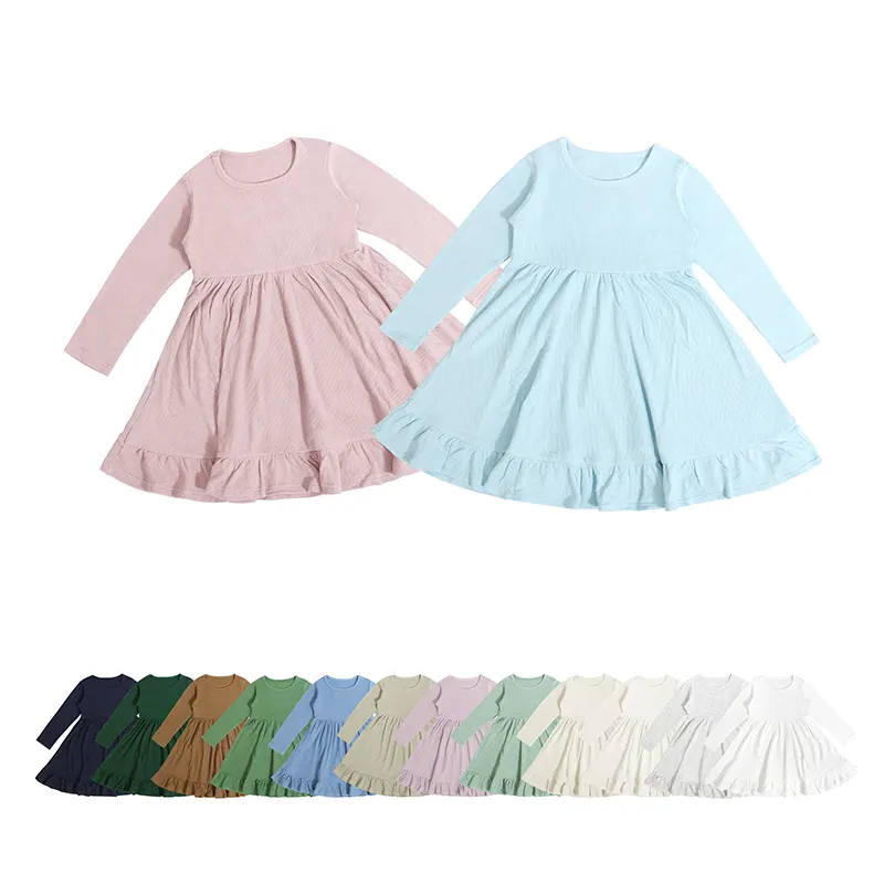 Gran oferta, ropa de invierno de manga larga para niñas, falda de manga larga de Color sólido para niños, vestido de bambú para niños