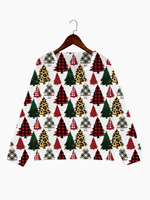 Pull en tricot pour femme à imprimé sapin de Noël, col en V, manches longues, motif écossais et léopard, pour les fêtes