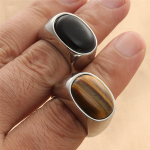 <b>Men's</b> Titanium Steel Oval <b>Ring</b> With <b>Black</b> And Brown Stone Bezel Setting Retro Style Jewelry Gift For <b>Men</b> - Product Image 3