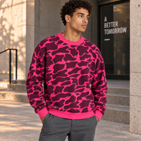 Pull personnalisé pour homme en acrylique, col rond, 480 GSM, tricot plat 5GG, imprimé léopard, coupe oversize, épaules tombantes, tricotage OEM