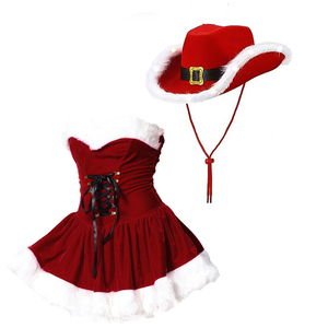 Pour les femmes adultes rouge peluche noël Sexy robe rouge <span class=keywords><strong>Cowboy</strong></span> chapeau pur désir ensemble Echo Costume - Product Image 6