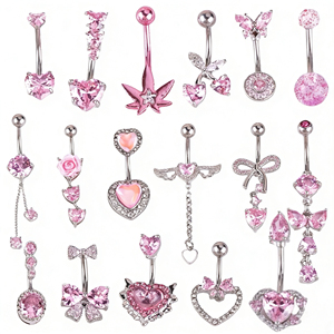 Anneau <span class=keywords><strong>de</strong></span> nombril personnalisé <span class=keywords><strong>en</strong></span> acier inoxydable 316L rose avec double zircon pendante, bijou <span class=keywords><strong>de</strong></span> piercing corporel - Product Image 1