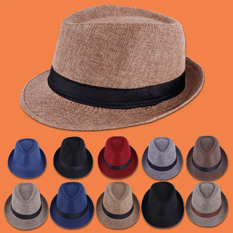 Wholesale Linen Fabric Panama Hat Jazz Hat For Men And Women's Cowboy Fedora Hat Casual Beach Sunhat Gangster Cap
