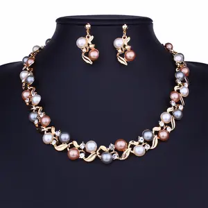 Pakistani Bridal High Fashion Elegant Design Artificial Colorful Pearl Sister Necklace & Earrings Jewelry Set For girls