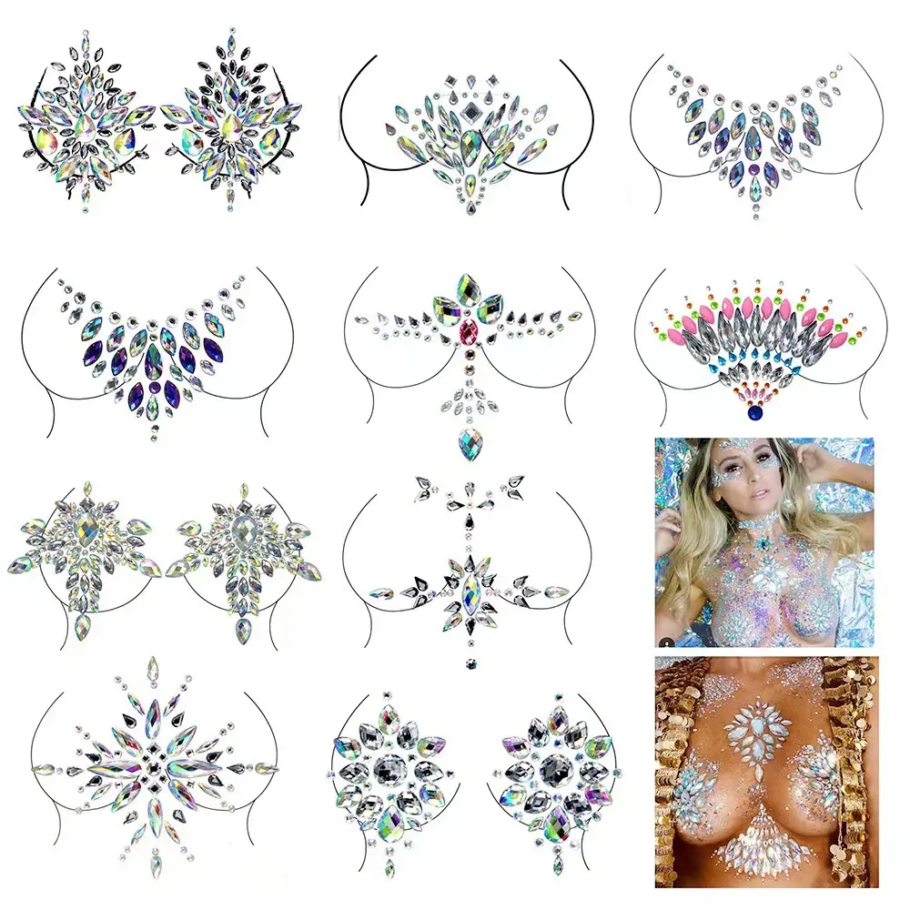 Bajo MOQ Crystal Face Gems Tattoo Stickers Body Jewelry Stickers para Festival Rhinestone Decoraciones