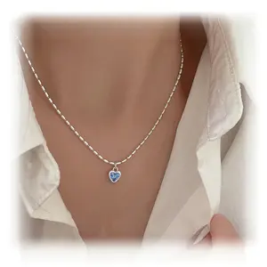 Carline Pure Sterling 925 Silver Blue Zircon Love Heart Pendant Necklace For Women Light Luxury Silver Bead Chain Jewelry