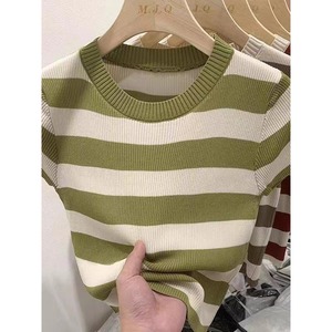 T-shirt Estiva da <span class=keywords><strong>Donna</strong></span> Trendy Verde Stile Vintage Vestibilità Regolare a Righe a <span class=keywords><strong>Maniche</strong></span> Corte in Maglia Spandex/Poliestere Taglia Unica - Vendita all'Ingrosso - Product Image 3