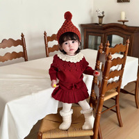 Ensemble deux pièces en acrylique au crochet fait main avec col ajouré pour bébés filles, pull à manches longues tricoté pour l'automne, l'hiver, Noël et le Nouvel An