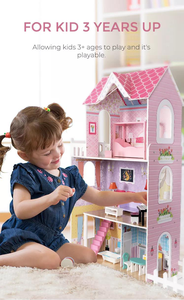 Maison de poupée en bois pour petite fille, maison de poupée en bois rose à faire soi-même pour enfants avec meubles pour enfants de 3 ans et plus - Product Image 6