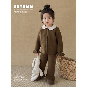 2023 Herbst Neuankömmling Wolle Gestrickt Rosa Schwarz Beige Baby Mädchen Strickhose Großhandel Kinder Mädchen Strickjacke Pullover Set - Product Image 4