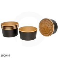 Salade en papier kraft noir jetable à emporter, bol bio de 500ml à paroi unique avec couvercle en PET pour pizza artisanale