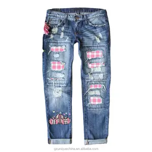 Jeans Lurus gaya Barat desain kustom gaya baru untuk wanita celana jeans bunga robek kargo