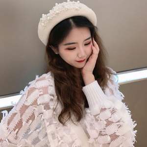 Bérets-EA039 Béret en laine d'hiver avec strass, perles et perles de cristal, casquette pour femme, chapeau d'automne et de printemps, couleur unie, qualité supérieure, béret pour femme - Product Image 2