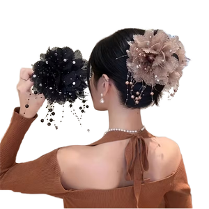 Ms-969 Pinza de Pelo con Flor de Tul y Perlas de Imitación, Estilo Británico, 13 cm, Elegante, para Novias, Bodas y Uso Diario - Product Image 1