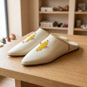 Babouches marroquíes para hombre, Zapatillas de casa de cuero genuino con acentos amarillos blancos, forro de cuero genuino, cómodo y elegante - Product Image 3