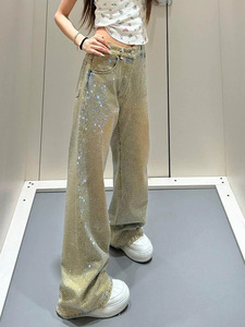 ZONA <span class=keywords><strong>Babe</strong></span> <span class=keywords><strong>Jean</strong></span> décontracté pour femme, coupe ample, taille mi-haute, motif diamant intégral, motif ciel étoilé personnalisé, jambe large, 100% coton, lavable - Product Image 1