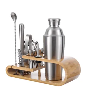 Wholesale Custom Double Deck Vacuum Cocktail Shaker Bartender Set Cocktail Shaker Set With Bamboo Stand