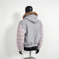 Sweat à capuche zippé pour homme, épais 400 g/m², à manches à carreaux, col en fausse fourrure, style patchwork vintage, streetwear, coupe oversize, personnalisable OEM