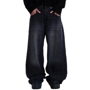 Jeans de Mezclilla Negros Deslavados Personalizados, Mezclilla Gruesa 100% Algodón, Pantalones Holgados para Hombre - Product Image 1