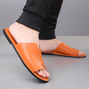 Nouvelles sandales ouvertes légères et tendance de luxe en orange pour hommes, grandes tailles <span class=keywords><strong>47</strong></span> <span class=keywords><strong>48</strong></span>, pantoufles plates en PU de haute qualité, originales - Product Image 4