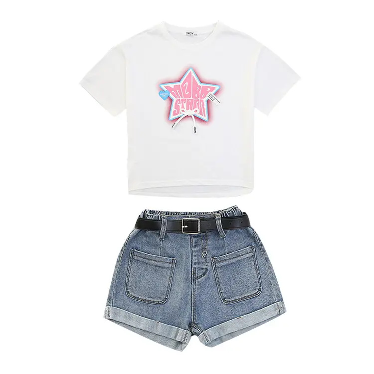Kids Fashion Short Sleeve T-shirt Shorts Two Piece Girls Clothing Sets with Pentagram Pattern
