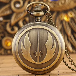 Jam Tangan Saku Kalung Quartz dengan Rantai untuk Hadiah Pria, Jam Liontin Logam Perunggu Antik dengan Tema Pesanan Jedi