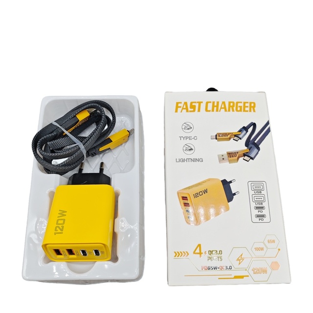 120w Dual Usb a C Type C Gan Pd Fast Charger 4 Port Phone Quick Charging Adapter for Tablet Laptop Smart Phones Charge Yellow