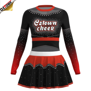 Vestidos de porristas con degradado rojo y negro para mujer con malla brillante y diseño de falda de animadora - Product Image 2