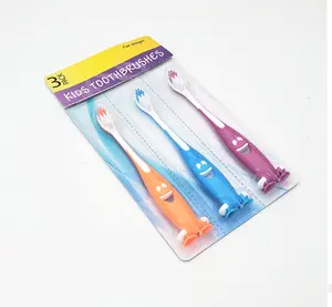 Family 3pcs combined type blister card own brand artwork smile face suction bottom child toothbrush