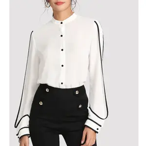 2021夏季设计师定制女士时尚顶级纯棉白色长袖休闲办公室优雅纽扣衬衫女士衬衫