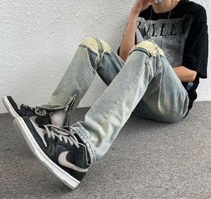 工厂新款撕裂彭特风格库存送货男士复古宽松直拉链袖口自行车手紧身牛仔裤 - Product Image 6