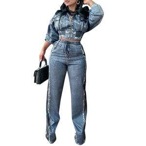 Autumn-Vintage Denim Print Wide-Leg <b>Pants</b> Two-Piece Suit for Women Fashion - Product Image 1