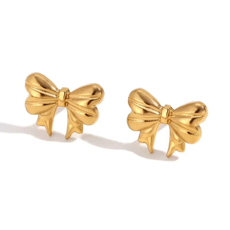 French New Style 18K Gold Plated Bow Earrings Women Simple Design Stainless Steel Bowknot Stud Earrings for Girls Jewelry