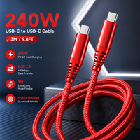 Câble USB C vers USB C de haute qualité 3M, transfert de données USB 2.0, charge rapide 240W 20V 5A, câble tressé en nylon rouge, OEM ODM Factory